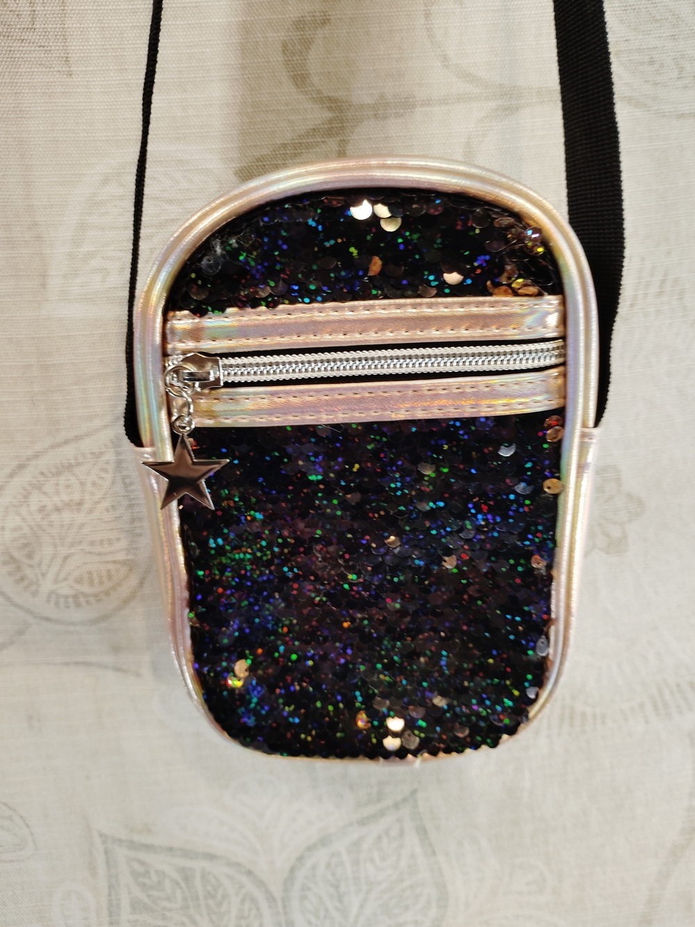 Capelli of New York Pink Iridescent &Black Sequin Crossbody Bag